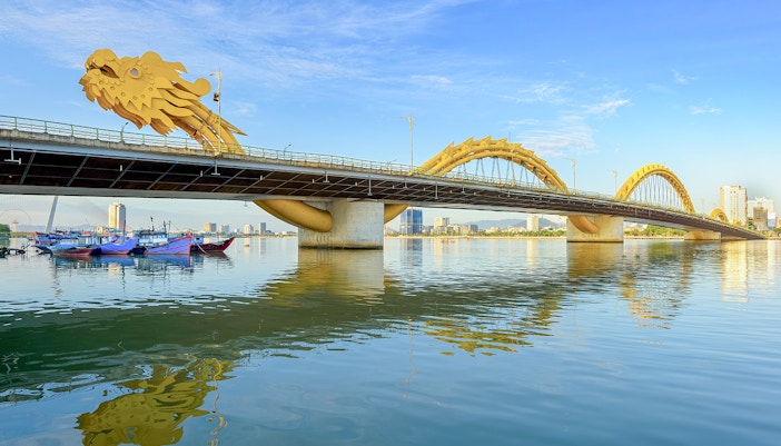 View of Dragon Bridge over the Han River in Da Nang city, Vietnam.
