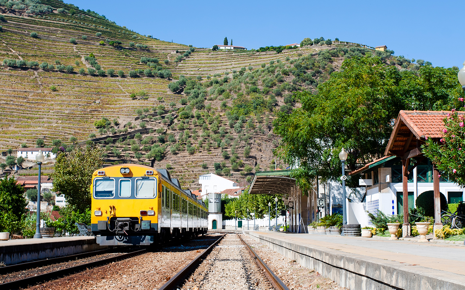 Train at Pinhão Railway Station with terraced vineyards in the background.