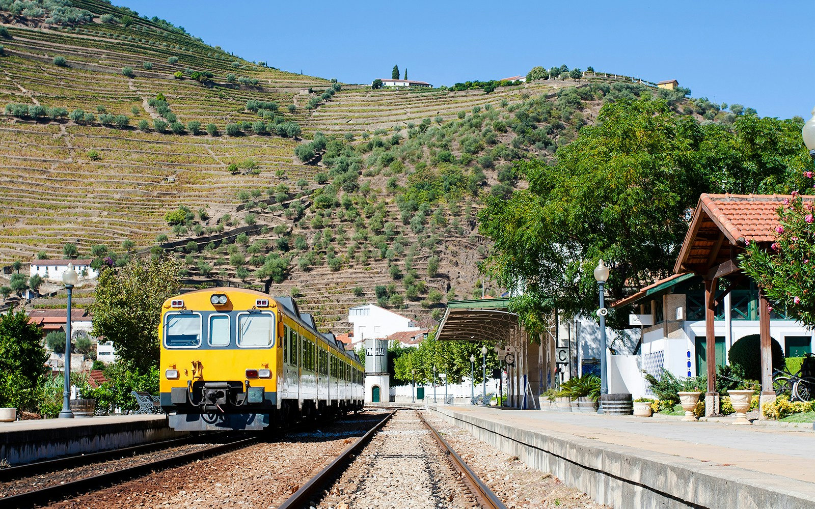 Train at Pinhão Railway Station with terraced vineyards in the background.