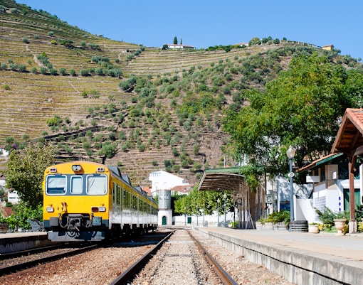 Train at Pinhão Railway Station with terraced vineyards in the background.