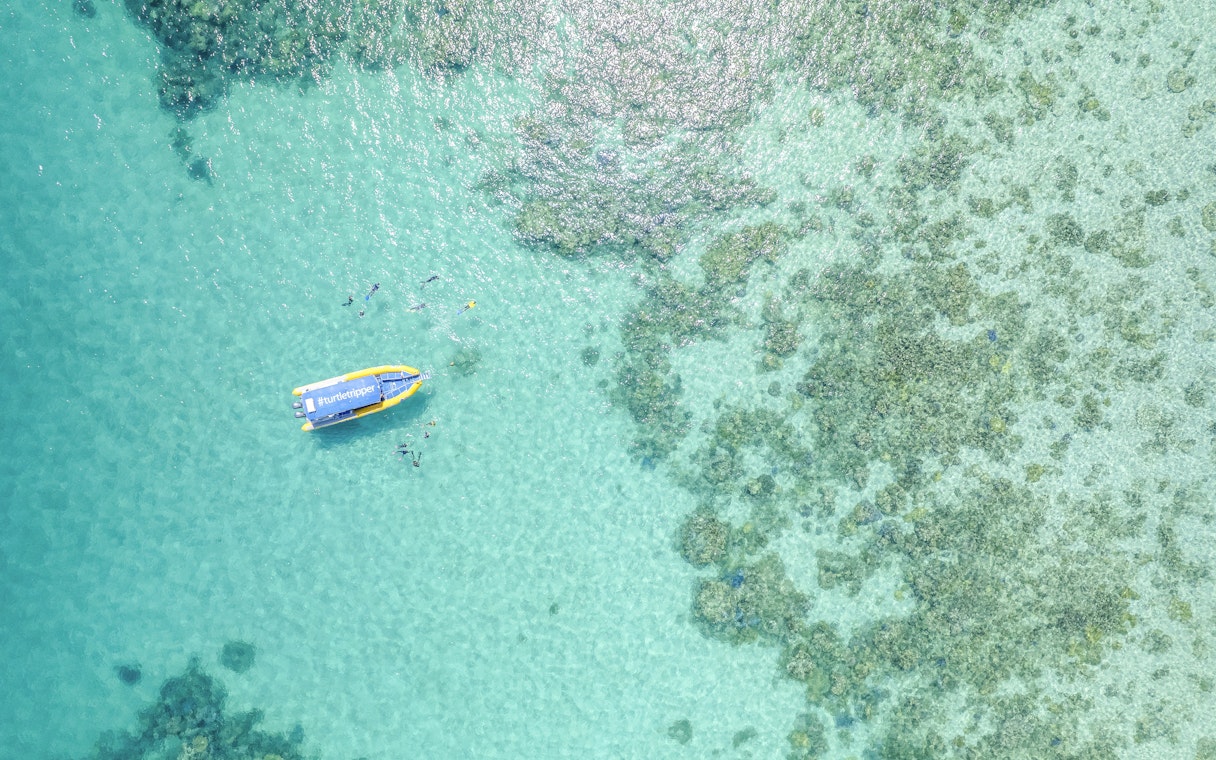 Aerial view of snorkelers near a boat on the Great Barrier Reef tour.