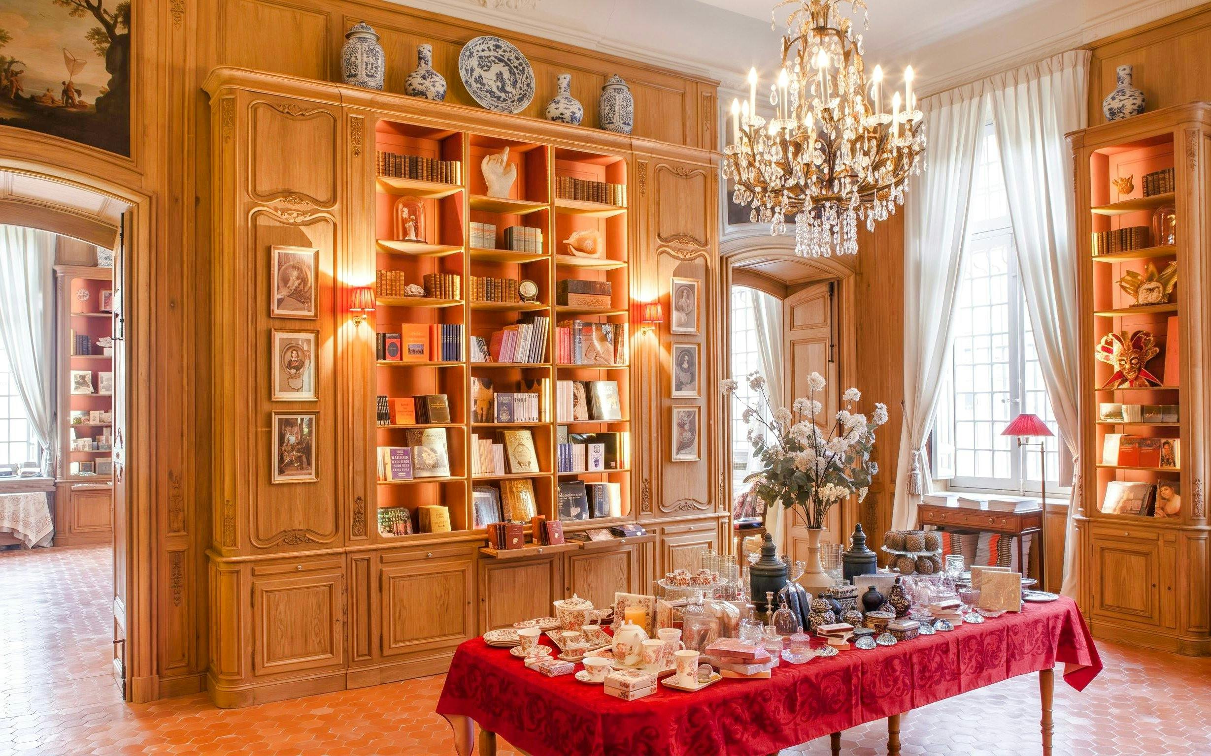 Elegant interior of Caumont Centre d’Art with bookshelves and a table set for tea.
