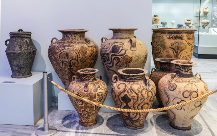 Ancient Greek pottery on display at the archaeological museum in Greece.