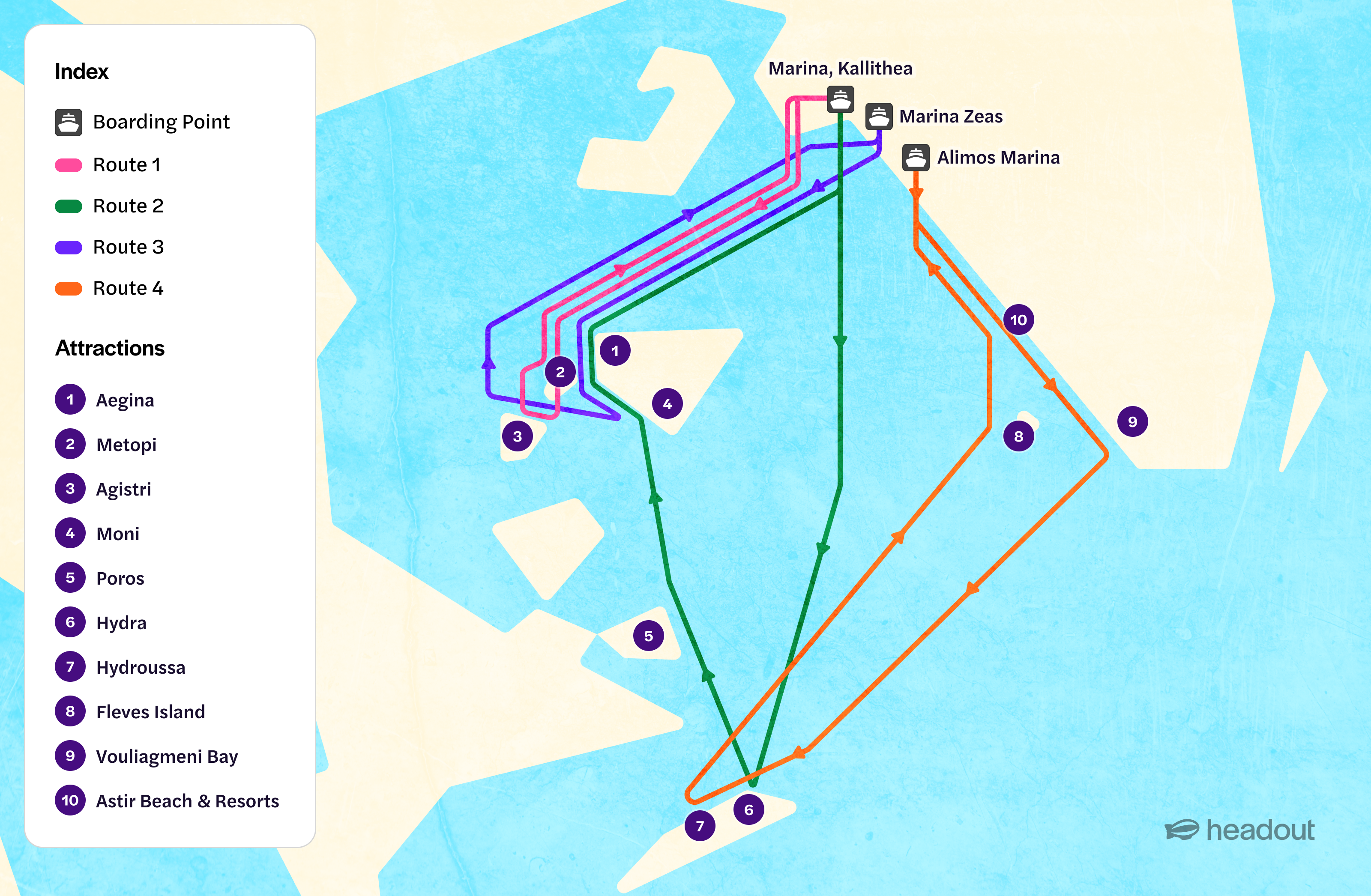 Athens cruise map showing routes to Aegina, Hydra, and Poros from Marina Zeas.