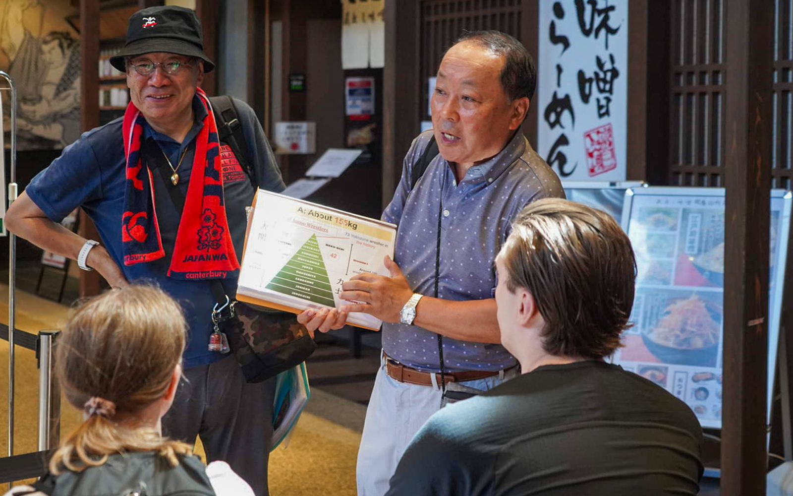 Guide explaining sumo wrestling details to tourists in Ryogoku, Tokyo.