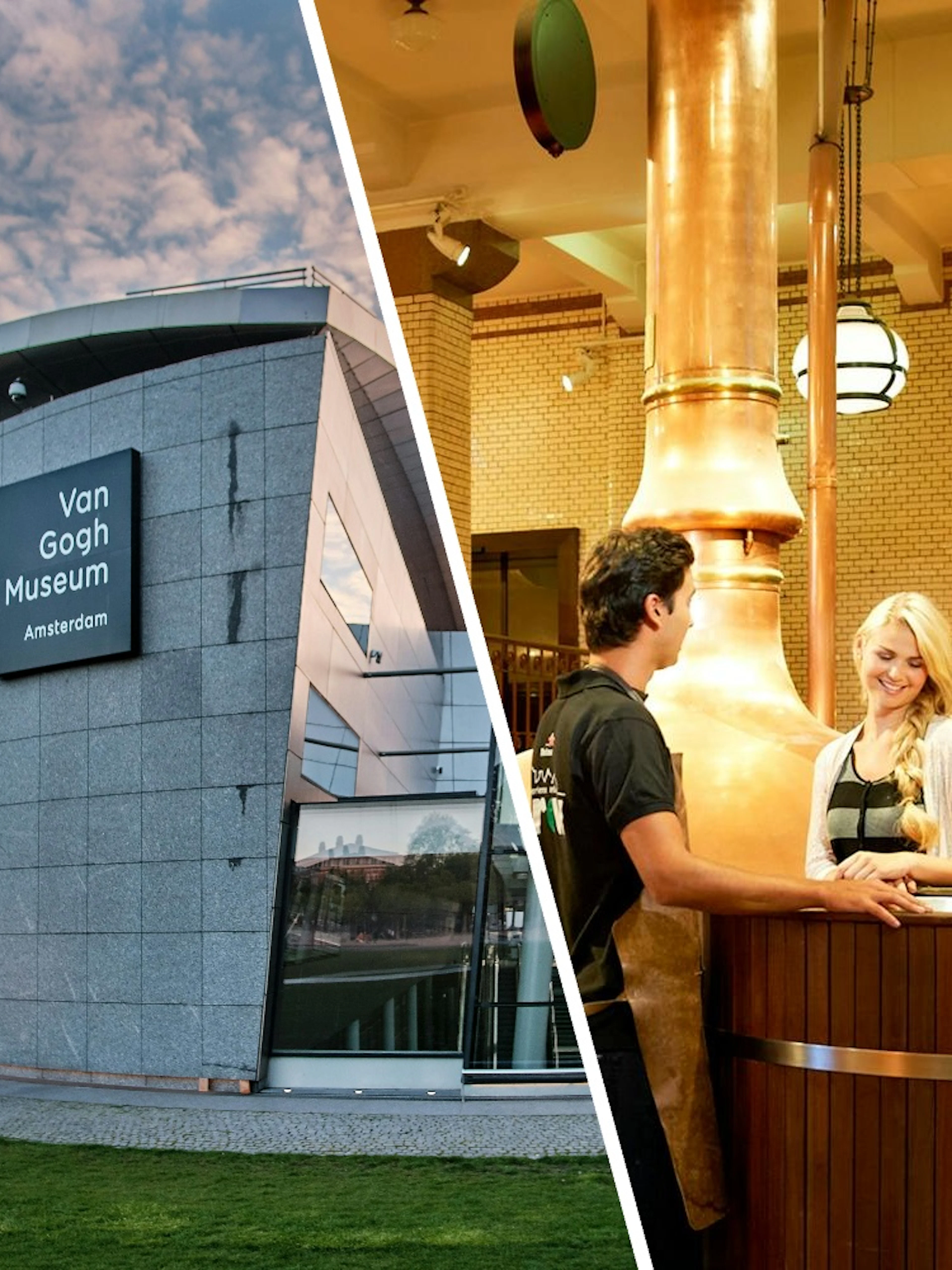 Van Gogh Museum exterior and Heineken Experience tour in Amsterdam.