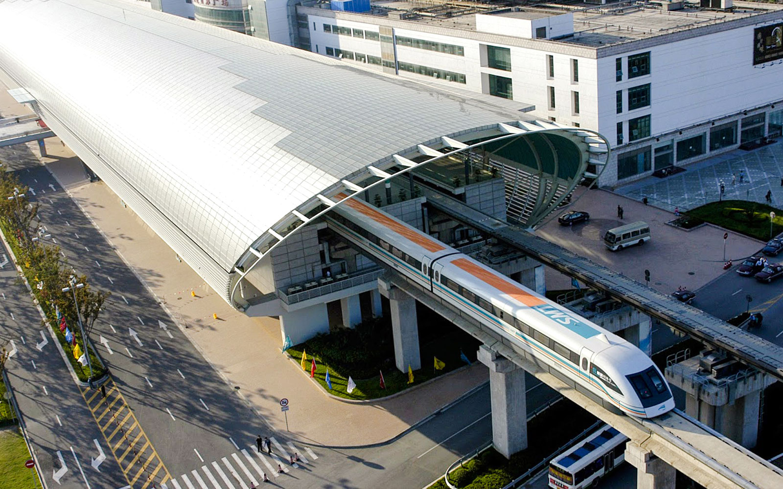 Shanghai Maglev Train departing from a modern station in Shanghai, China.