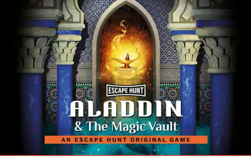 Aladdin & the Magic Vault Escape Room poster with magic lamp in Dubai.