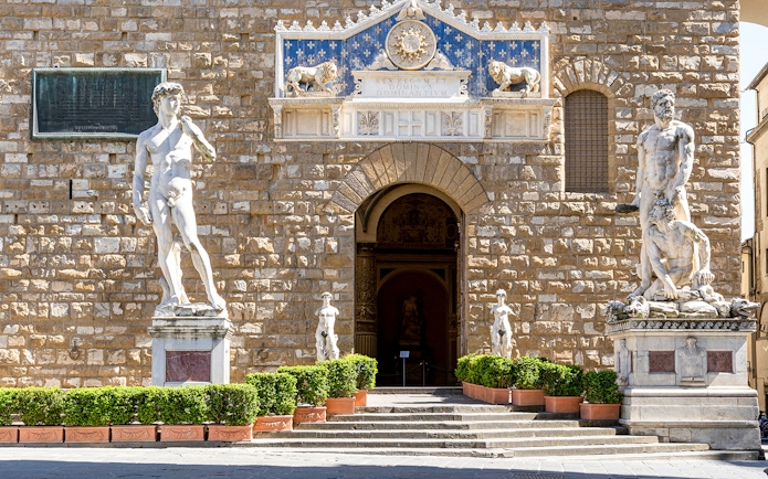 David and Michelangelo sculptures at Palazzo Vecchio Museum entrance, Florence.