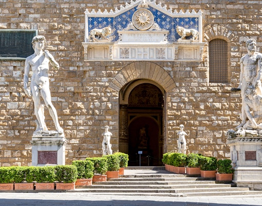 David and Michelangelo sculptures at Palazzo Vecchio Museum entrance, Florence.