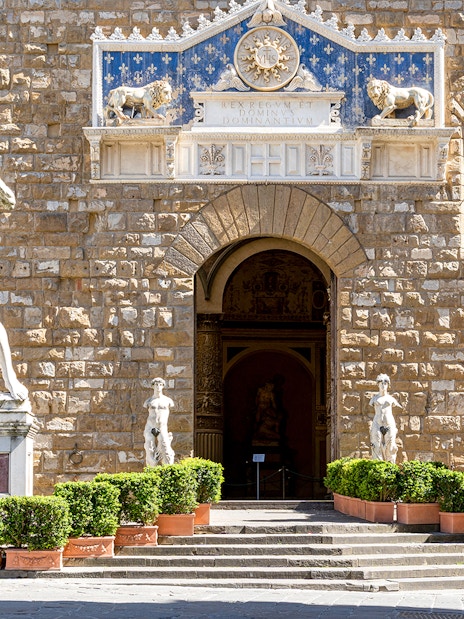 David and Michelangelo sculptures at Palazzo Vecchio Museum entrance, Florence.