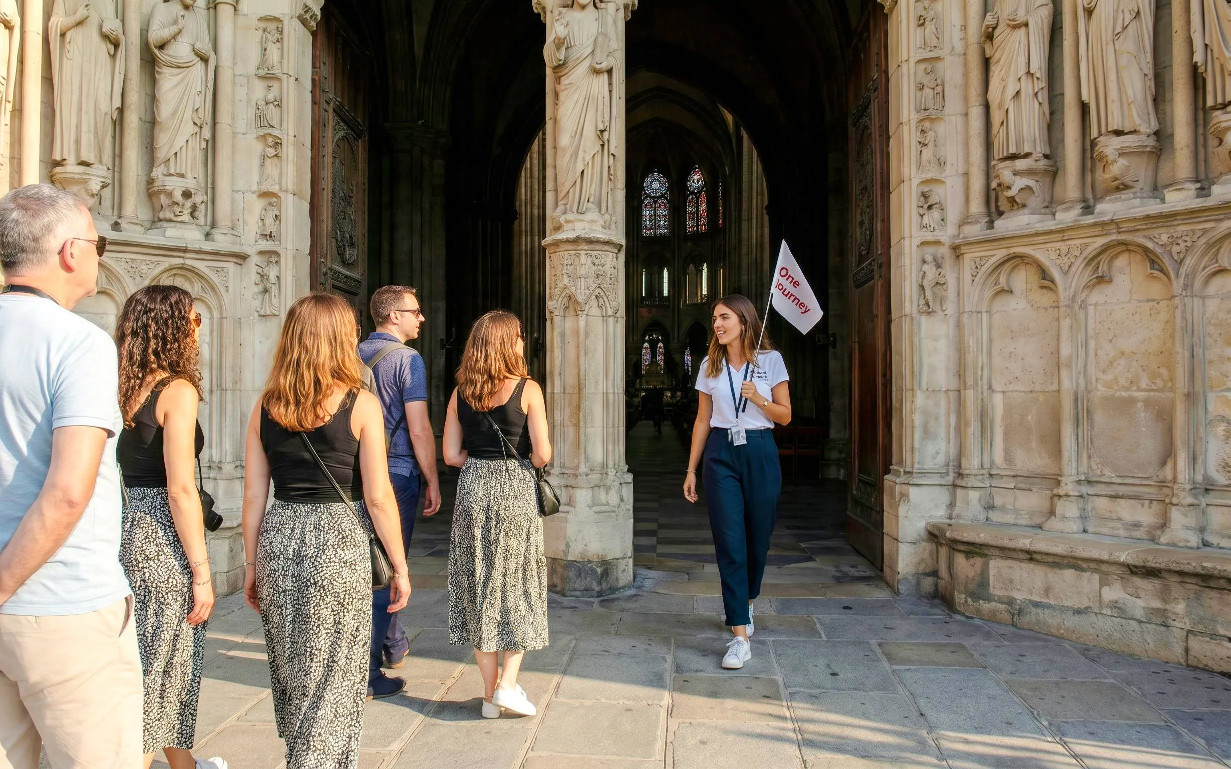 Tour group entering Notre-Dame Cathedral in Paris with a guide holding a flag.