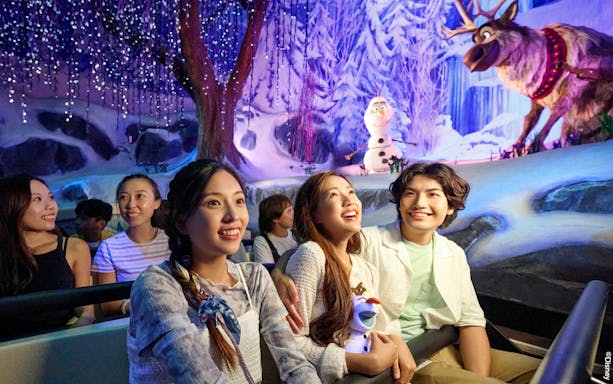 Visitors enjoying Frozen-themed ride at Disneyland Paris with Olaf and Sven in snowy setting.