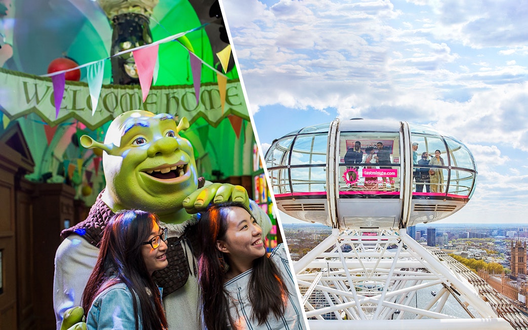 Shrek character with visitors at Shrek's Adventure! London and London Eye capsule with city view.