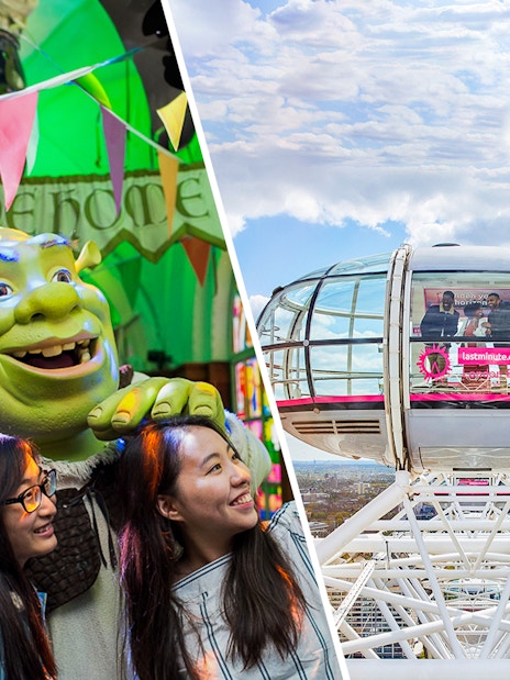 Shrek character with visitors at Shrek's Adventure! London and London Eye capsule with city view.