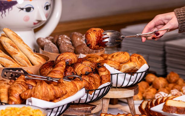 Assorted pastries and breads at Flora Danica breakfast buffet.
