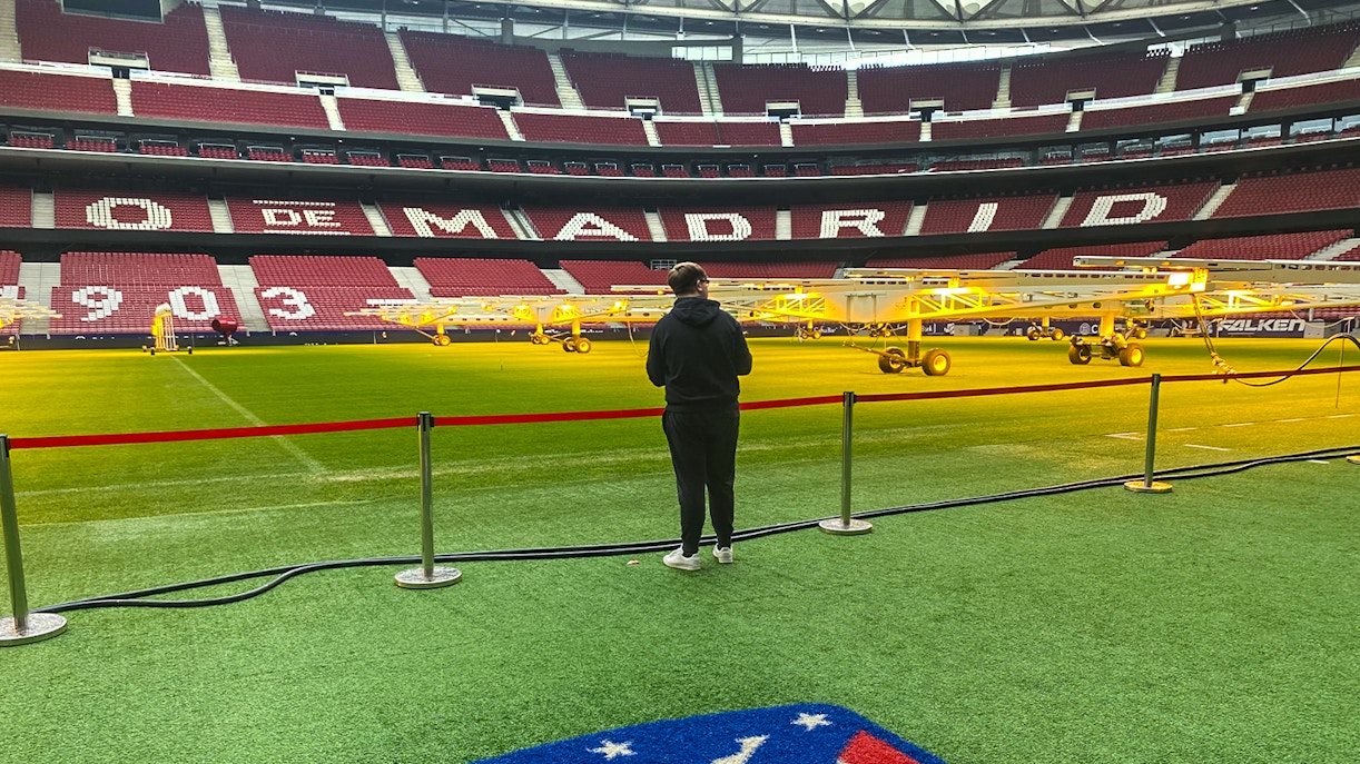 Tourist exploring Santiago Bernabeu Stadium in Madrid, Spain.