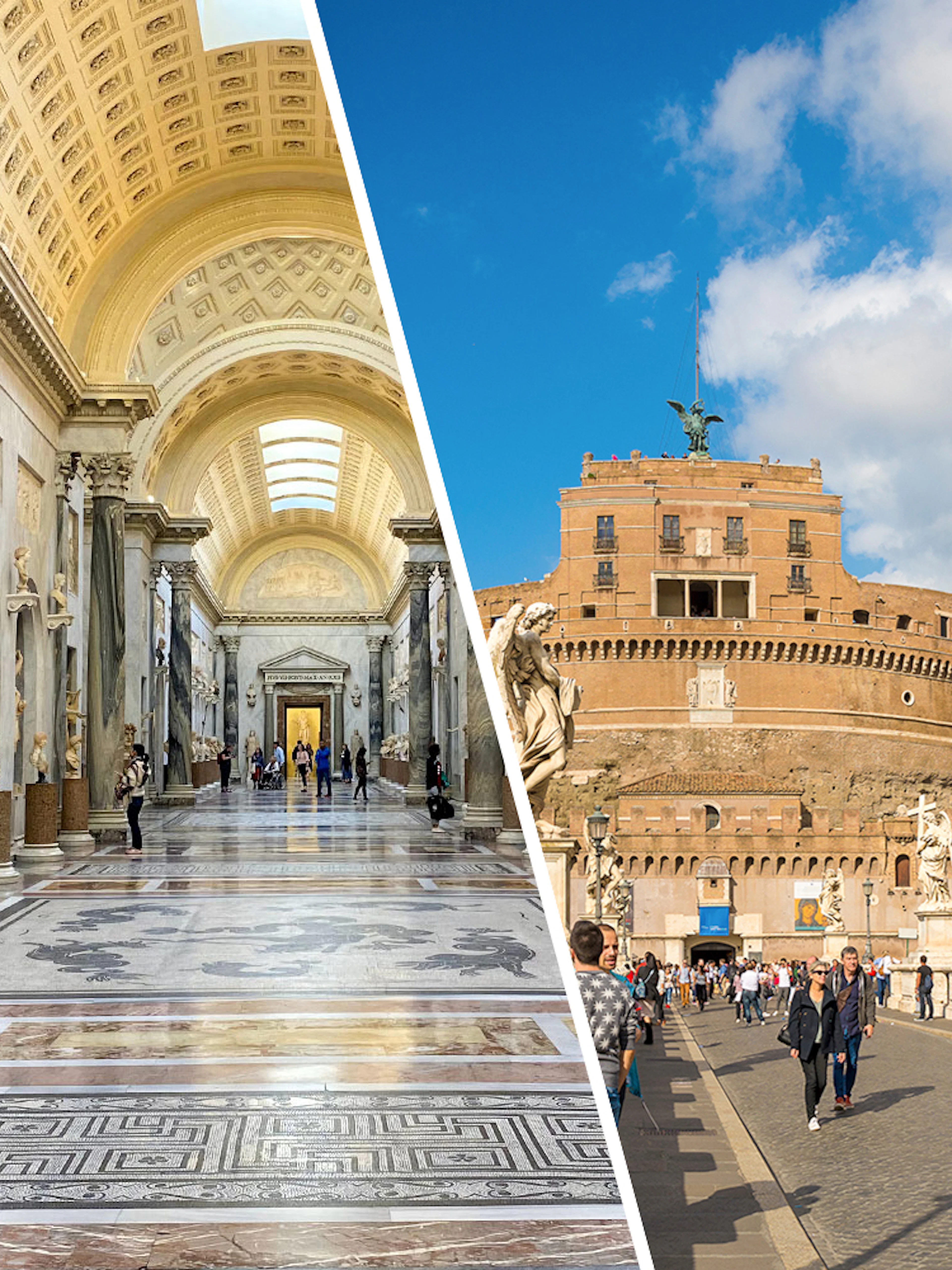 Vatican Museum hall and Castel Sant'Angelo exterior in Rome, Italy.