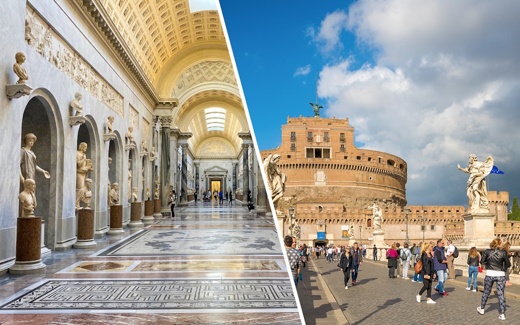Vatican Museum hall and Castel Sant'Angelo exterior in Rome, Italy.