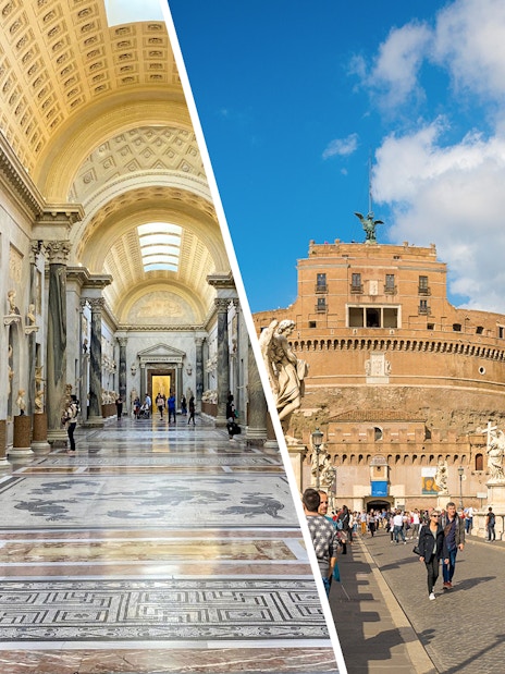 Vatican Museum hall and Castel Sant'Angelo exterior in Rome, Italy.