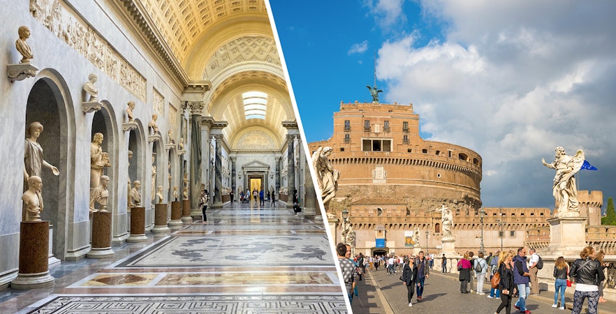 Vatican Museum hall and Castel Sant'Angelo exterior in Rome, Italy.