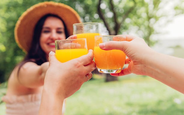 Toasting with orange juice during Algarve orchard tour.