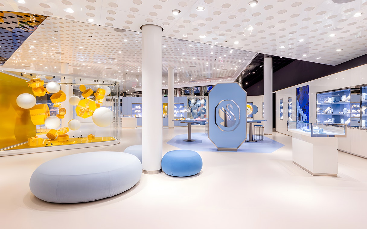 Swarovski Crystal Worlds interior with modern displays and crystal exhibits.