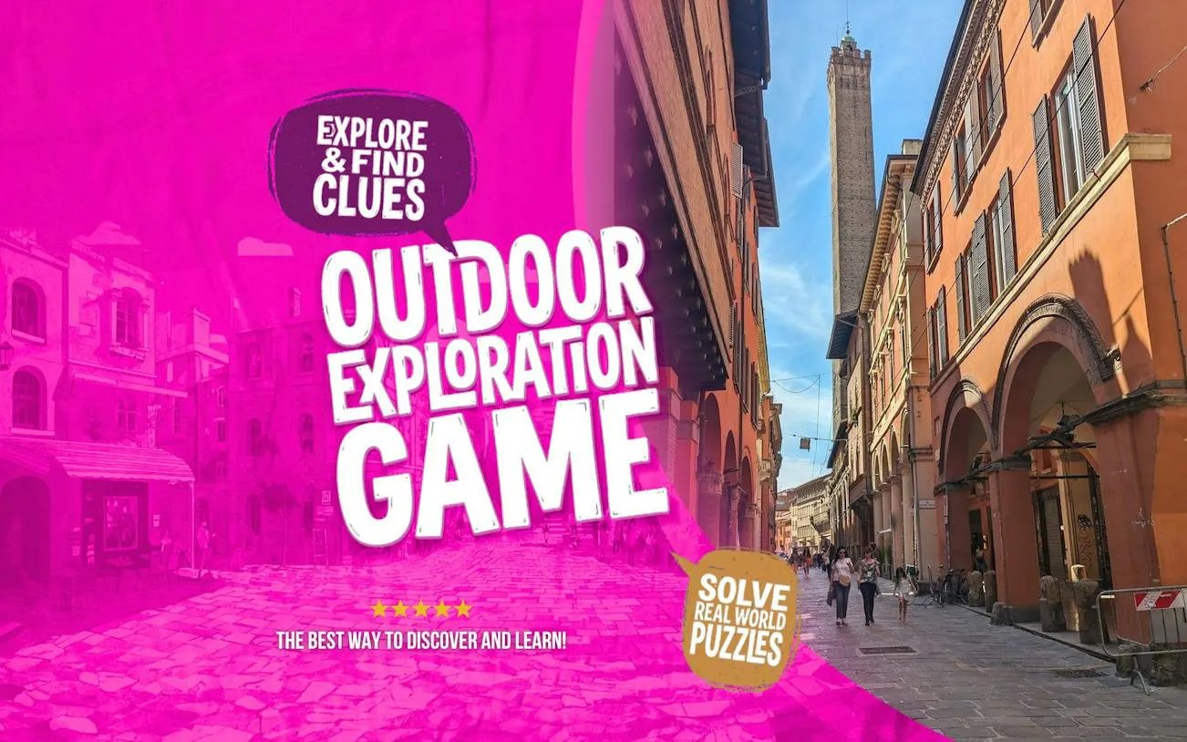 Bologna city street with historic buildings, part of the self-guided exploration game.