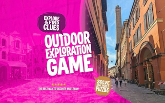 Bologna city street with historic buildings, part of the self-guided exploration game.