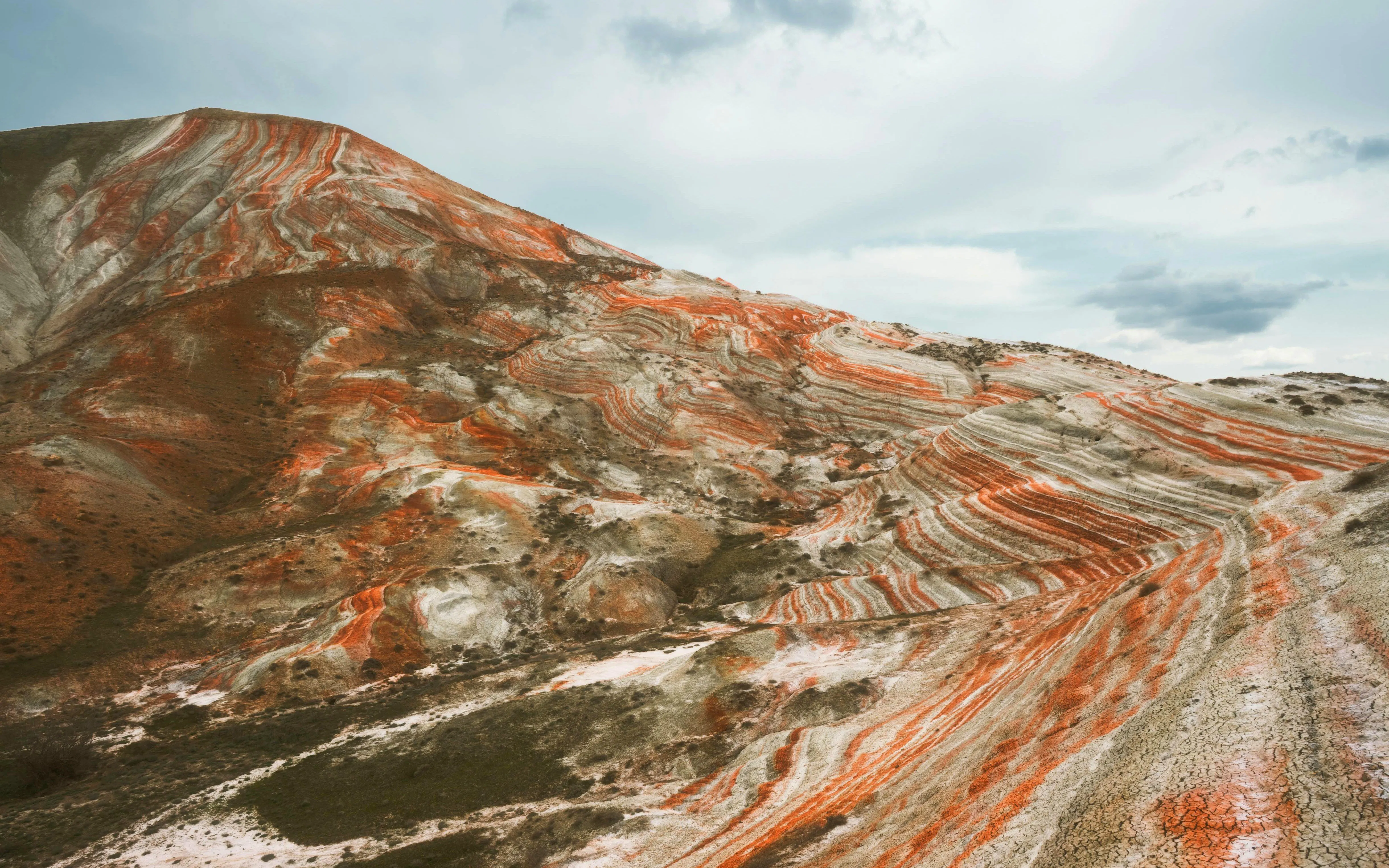 Candy Cane Mountains with red and white striped formations near Baku, Azerbaijan.