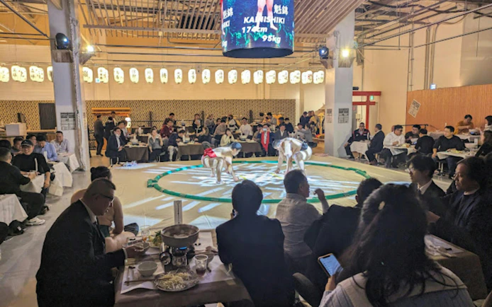 Sumo wrestlers practicing at Ochiizumibeya with audience dining on Chanko-Nabe hot pot.