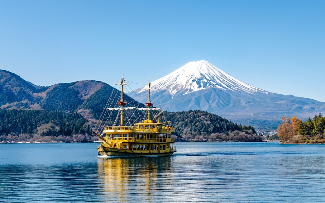 Pirate ship on Lake Ashi with Mount Fuji in the background, Japan.