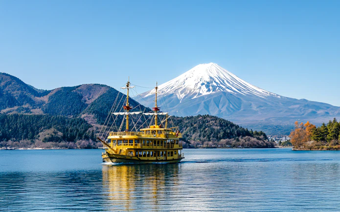 Pirate ship on Lake Ashi with Mount Fuji in the background, Japan.