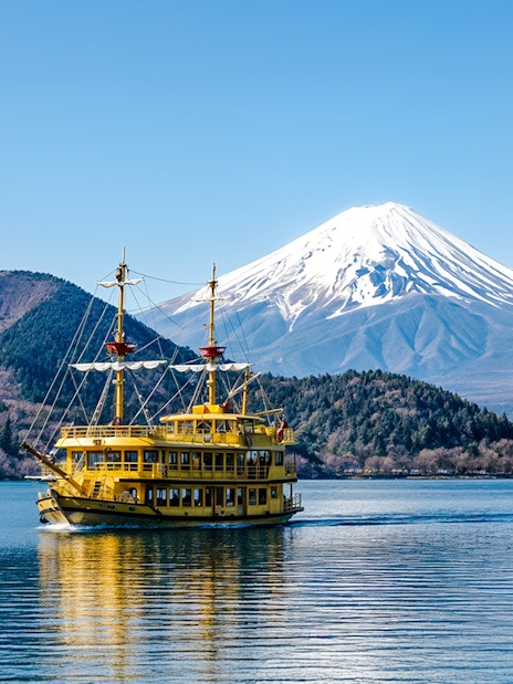 Pirate ship on Lake Ashi with Mount Fuji in the background, Japan.