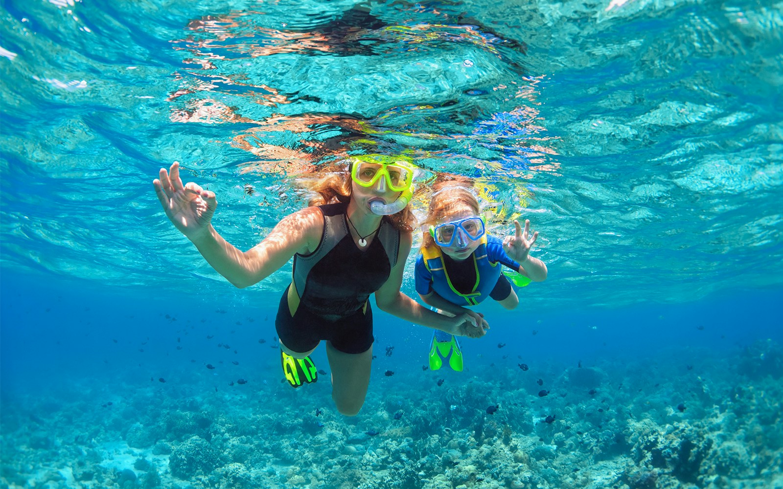 Tourists snorkelling over coral reefs at Sesimbra Beach, Portugal.