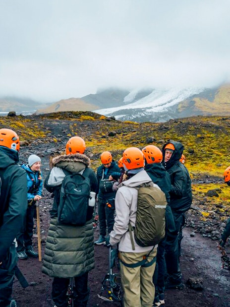 Tour guide briefing guests on Blue Ice Cave & Glacier Hike, Vatnajökull, Skaftafell.