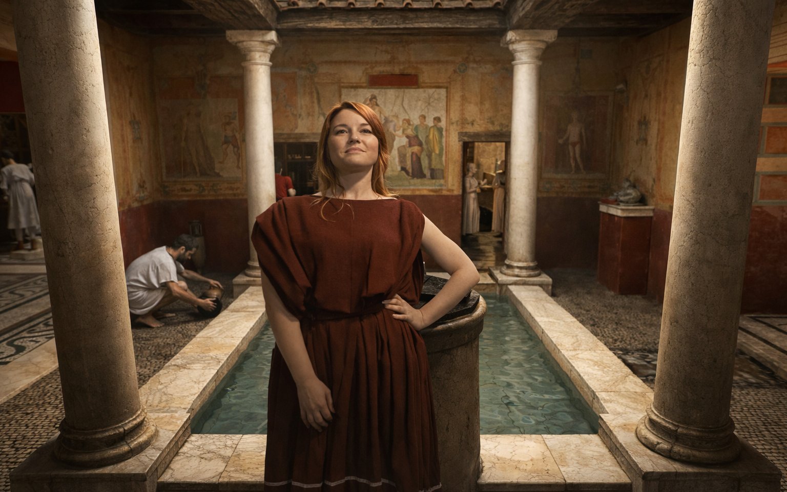 Ancient Roman bath scene with people in period clothing, part of Setas de Sevilla tour.