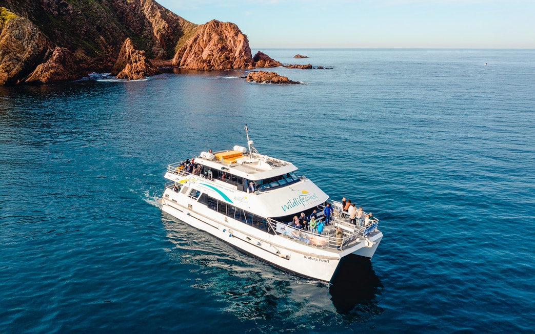 Cruise boat near Cape Woolamai, Phillip Island, with passengers enjoying Wildlife Coast Cruises.