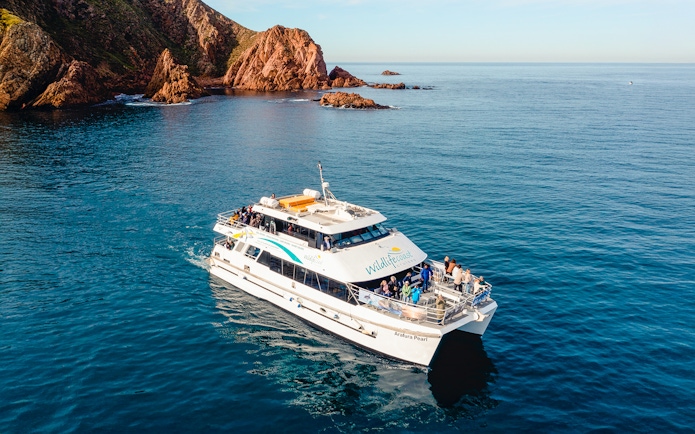 Cruise boat near Cape Woolamai, Phillip Island, with passengers enjoying Wildlife Coast Cruises.