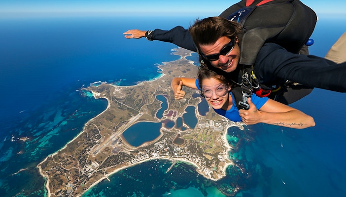 Tandem skydive over Rottnest Island, Perth, with aerial view from 10,000ft.