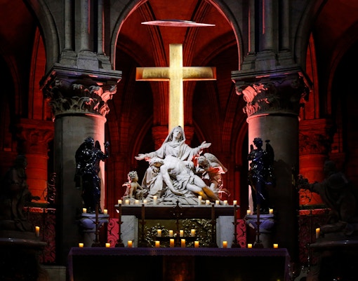 Pietà sculpture inside Notre Dame Cathedral, Paris, France.