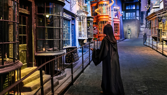 Person in robe with wand on Diagon Alley at Harry Potter London tour.