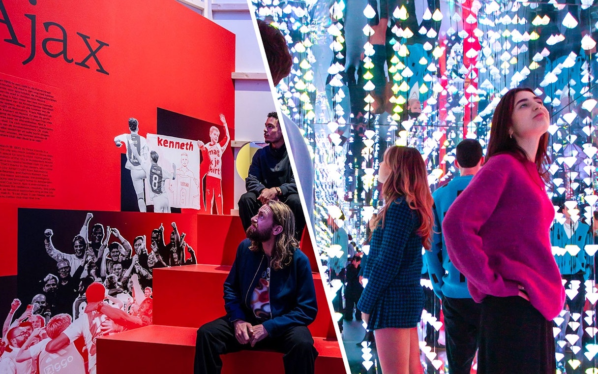 Amsterdam in Motion exhibit at Moco Museum with vibrant light installations and Ajax football display.