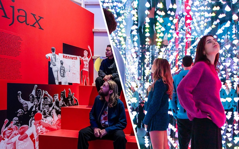 Amsterdam in Motion exhibit at Moco Museum with vibrant light installations and Ajax football display.