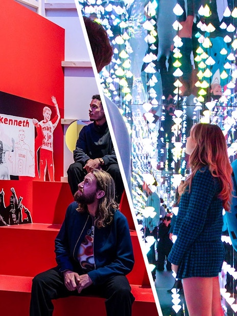 Amsterdam in Motion exhibit at Moco Museum with vibrant light installations and Ajax football display.