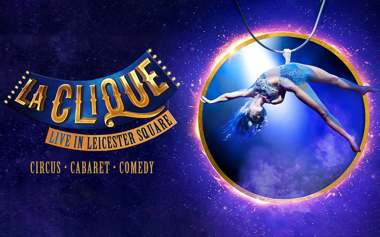 Aerial performer at La Clique show in Leicester Square, featuring circus and cabaret acts.