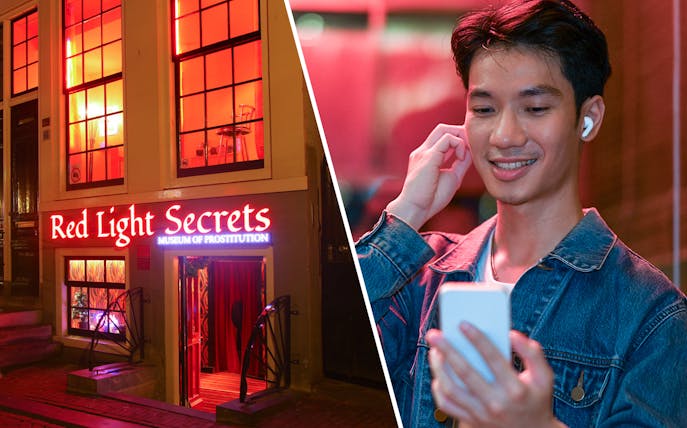 Museum of Prostitution entrance and person on audio tour in Amsterdam's Red Light District.