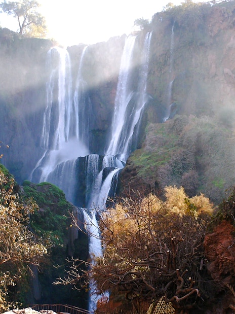 Ouzoud Waterfalls cascading over cliffs surrounded by lush greenery in Morocco.