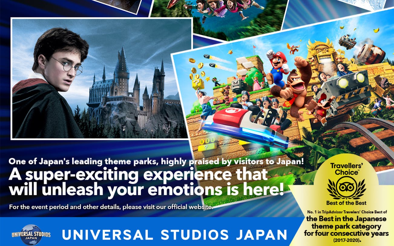 Universal Studios Japan attractions featuring Harry Potter and Super Nintendo World.