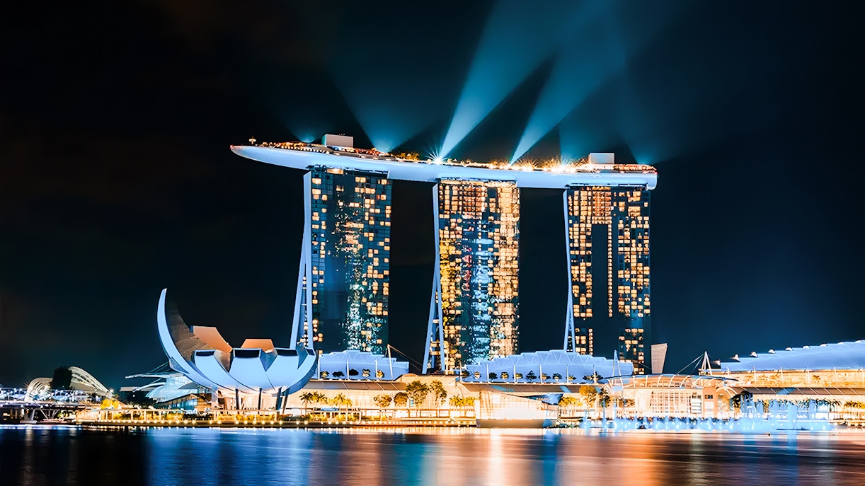 Marina Bay Sands illuminated at night, Singapore Cultural City Tour.